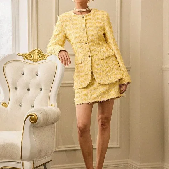 Multicolor Casual Women's Round Neck Long Sleeve Jacquard Jacket And Skirt Set - Picture 4 of 7